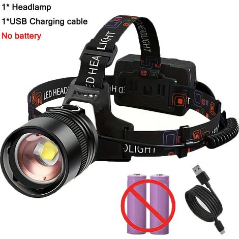 Lampe frontale LED puissante (sans pile) en alliage d'aluminium, haute luminosité, rechargeable, idéale pour le camping, la chasse et la pêche. (1/5)