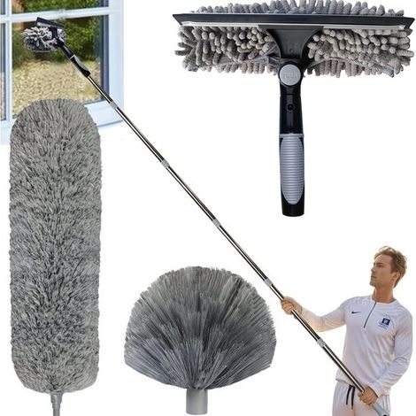 Kit 4 pièces Nettoyeur télescopique, Manche 10 sections acier, Tête microfibre et brosse araignée, Nettoyage vitres et plafonds jusqu'à 6m (1/5)