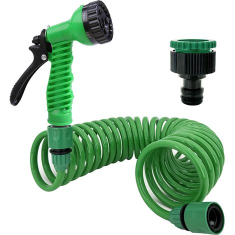 (vert) Tête d'arroseur pour tuyau d'arrosage de jardin avec buse à 7 fonctions, tuyau de nettoyage de voiture à ressort, outil de nettoyage de tuyau en plastique (1/3)