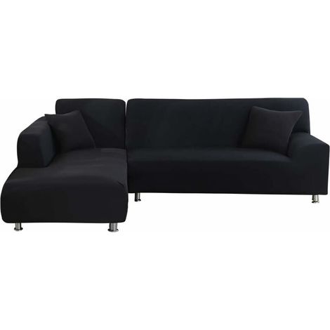 Housse De Canapé D Angle - En Polyester Et Spandex - Pour Canapé En L 2 Places + 2 Places - Extensible - Noir (1/5)