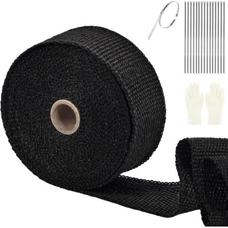 Bande Thermique, 15M50MM Echappement Ruban Isolant Collecteur, Isolant Thermique Bande avec 10Attaches en Serrage Inoxydable, Pour Collecteur de Moto et Pot d’échappement (Noir) (1/4)