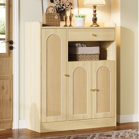 Schuhschrank aus MDF und Spanplatte, Naturholzoptik, 3 Rattantüren, 1 Schublade, verstellbare Einlegeböden, 90x35x110 cm (1/5)
