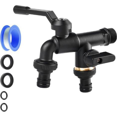 1 Robinet double sortie, Laiton noir, 2 vannes indépendantes, Antigel, Jardin et lavage (1/5)
