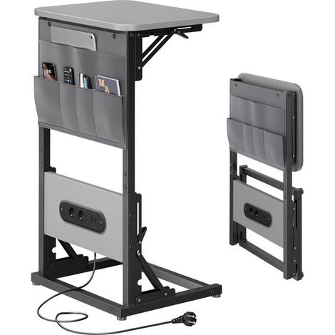 Mesa de Apoyo EcoFurnix en Forma de C, Mesas Auxiliares Plegables con Enchufes y Puertos USB, para Dormitorio y Sala de Estar, Gris (1/5)