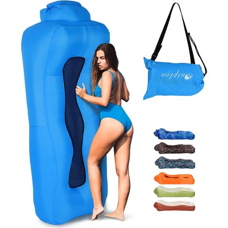 Hamac Gonflable avec Sac, Portable Canapé Gonflable Eau et Terre, Air Sofa Pouf Gonflable Exterieur pour Jardin Camping Plage Voyager, Bleu (1/5)