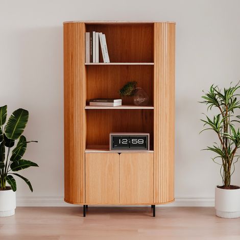 Credenza Fabia53A colore rovere oak con ripiani effetto travertino e laterali listellati 100 cm (1/4)