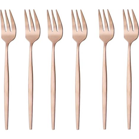 (Rose) Un ensemble de 6 fourchettes à fruits en acier inoxydable mat, mini couverts dorés (1/5)