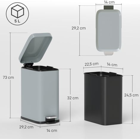 Poubelle en acier gris 5L avec pédale et seau intérieur