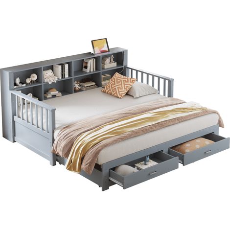 Canapé lit bois extensible 90/180x190, armoire avec prise dans accoudoir, 2 tiroirs et sommier, lit pin multifonction, gris, matelas non inclus, gain de place (1/5)