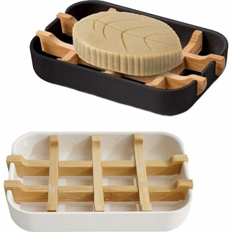 royaluxe -Lot de 2 Boîte à Savon Naturel Porte-Savon en Bois avec Plateau égouttoir Grille de Savon Plateau -Savon Auto-drainant pour Salle de Bain Douche Cuisine (sans Couverture) --blanc+noir (1/5)