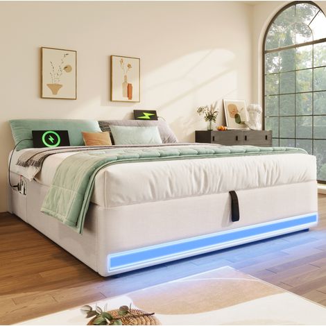 Letto matrimoniale contenitore LED USB 140x200 Beige OKMYHOME (1/5)