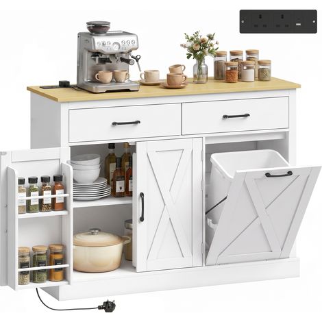 HOMCOM Tilt Out Trash Cabinet with Charging Station and Storage, White (1/5)