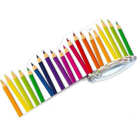 rouleau de 18 m (59 pi) de bordures adhésives pour tableau d'affichage, bordure festonnée avec motifs de crayons pour la décoration de salles de classe et de bureaux (1/5)