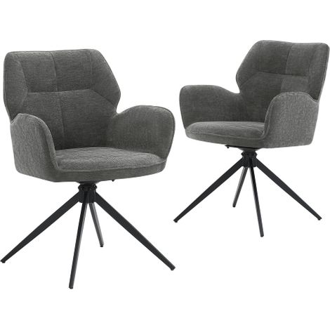 Lot de 2 chaises pivotantes de salle à manger en chenille et métal, avec accoudoirs, gris foncé (1/5)