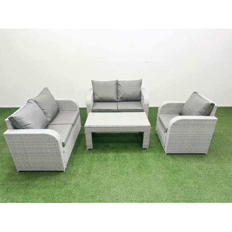 Fimous High Back Poly Rattan Garden Furniture Set with Reclining Chair Loveseat Sofa Oblong Coffee Table Indoor Outdoor Patio Set Light Grey (1/4)