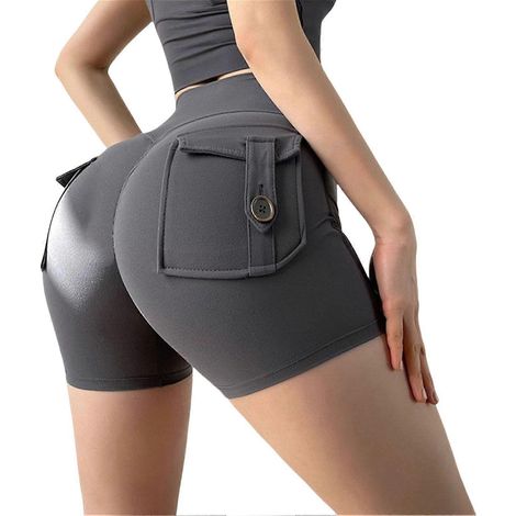 Short cargo pour femme avec poches, taille haute, short de sport/yoga push-up (L gris) (1/5)