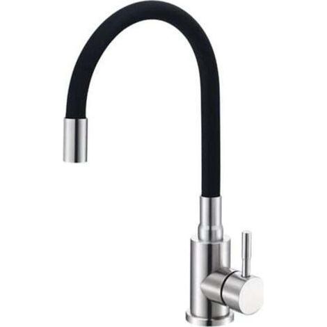 Mitigeur Évier avec Bec Flexible ,Robinet de Cuisine, Mitigeur Chaud et Froid à Poignée Unique, Cuisine Mitigeur Flexible Rotative à 360°, Noir (1/4)