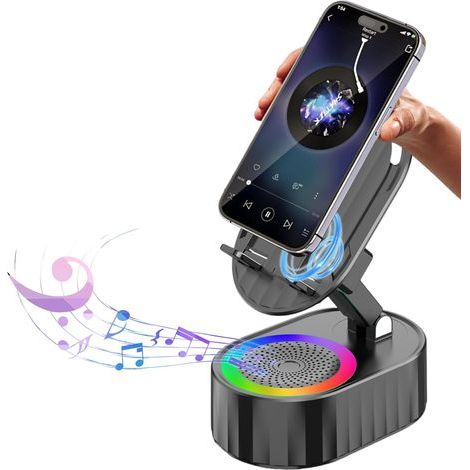 Enceinte Bluetooth sans fil 5 en 1 avec support de téléphone rechargeable 3000 mAh et lumière ambiante colorée pliable 300° - Noir (1/5)