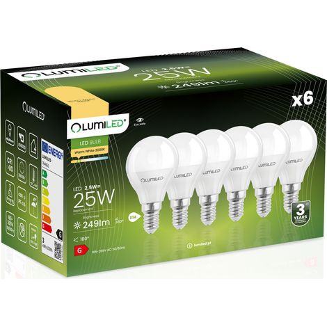 6 bombillas LED E14 tipo bola P45 2,5 W = 25 W 249 lm 3000 K Cálido 180° lumiled (1/5)