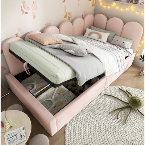 MEUBLIV Lit banquette 90 x 200 cm avec rangement hydraulique structure en métal velours rose pour chambre enfant et chambre d amis (1/5)