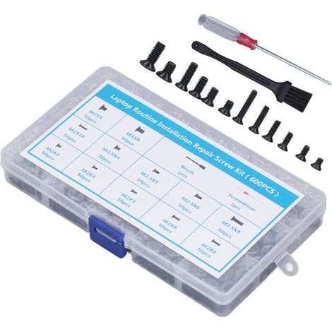 Kit de 600 vis à tête plate en acier au carbone M2, M2.5 et M3 pour ordinateur, avec tournevis à brosse. (1/5)