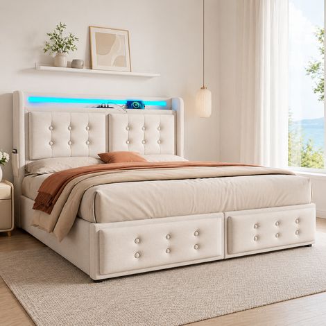 Lit coffre 160x200 avec rangement gaz - led télécommande - prises usbtype-c - tête boutonnée - beige (1/5)