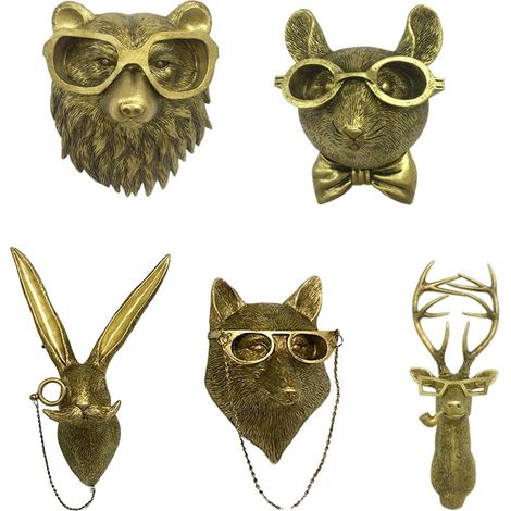 Lot de 5 têtes d’animaux – résine bronzée, décoration murale cerf/jardin/salon