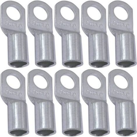 Set of 10 Electrical Terminals with Tubular Eyelet - Eye - Ø6mm - Non-Insulated - for 16mm² Conductor - Electrical Wire Connector - Tightening - Silver Color (1/3)