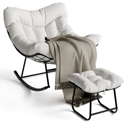 Fauteuil À Bascule Oversize Avec Repose-pieds – Coussins Épais, Structure Métal – Pour Piscine, Jardin, Terrasse, Blanc (1/5)