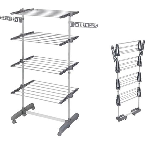 Stendibiancheria pieghevole a 4 ripiani, con ruote, in acciaio inox e ABS grigio, 142x55x172 cm (1/5)