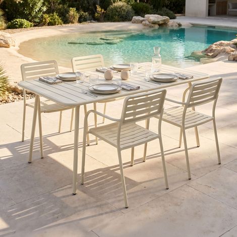 Table de jardin + 4 fauteuils empilables en métal beige - BACA (1/5)
