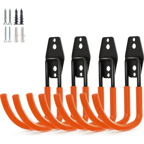 Set mit 4 robusten Garagenhaken, Wandhalterungen aus Stahl, große J-Haken zur Werkzeugaufbewahrung, orange