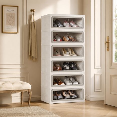 Faltbares Schuhregal, Aufbewahrung für Flur und Schlafzimmer, modularer Kunststoff, 1 Spalte, 6 Ebenen, 45 × 34 × 106 cm, Weiß/Grau (1/5)