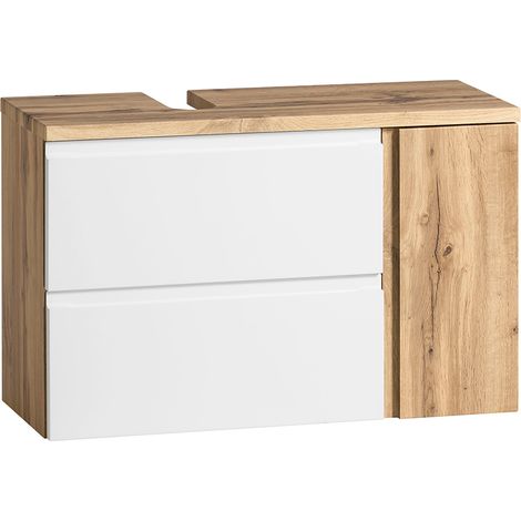 Waschbeckenunterschrank mit Siphonausschnitt links VASTO-03-WHITE, in Wotan Eiche Nb. mit weiß matt, B/H/T ca. 85/56/35 cm (1/5)