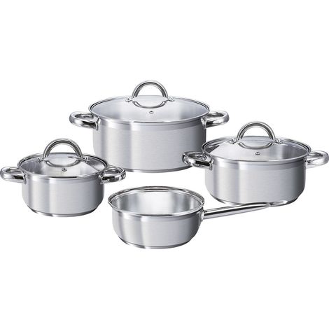 SSW Kochtopfset 7-teilig, Töpfe Pfannen Kasserolle Induktion, Thermo-Sandwichboden, Edelstahl seidenmatt, spülmaschinengeeignet, 1,7L 3,1L 5L, ø 160 200 240 mm (1/2)