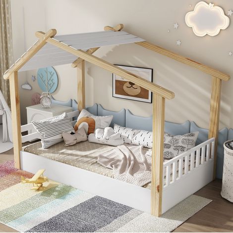 Bett Haus 90x200 cm aus Holz, Weiß/Natur, mit stabilem Lattenrost (1/5)