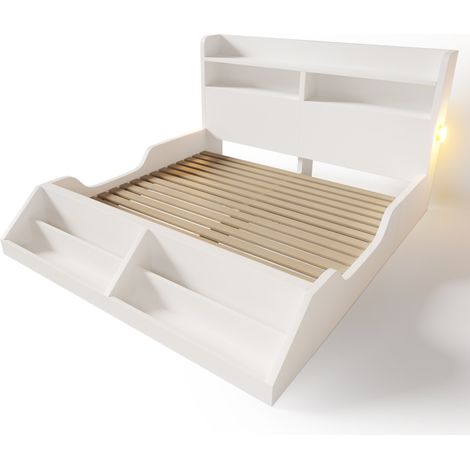 Cama doble 140 x 200 cm blanca con estantes, luces nocturnas y somier de láminas, sin colchón (1/5)