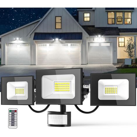 Projecteur LED Détecteur de Movement - 100W 10000LM Ultra Lumineux 3 Tête Spot LED Extérieur, IP65 Etanche Éclairage de Sécurité Extérieur PIR pour Cour Porche Jardin Garage