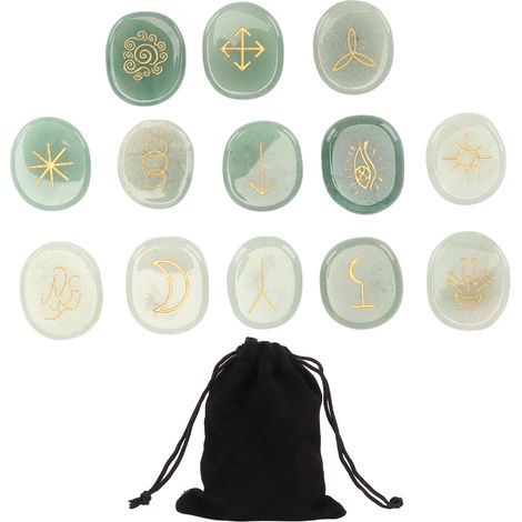 13 Pièces Pierres Runes Sac en Tissu Gravure Divination Méditation Yoga Vert (1/5)