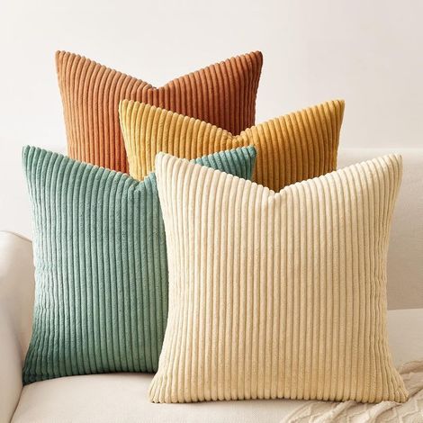Lot de 4 housses de coussin décoratives en velours doux, motifs recto-verso modernes, assorties aux styles bohème et champêtre (45 x 45 cm, orange/bleu sarcelle) (1/4)