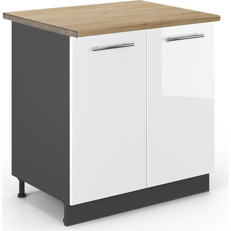 Spülenunterschrank Fame-Line, Weiß Hochglanz, 80 cm mit Regal, AP Eiche, Vicco