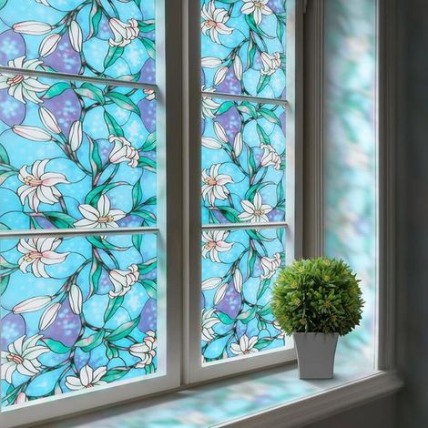 Film Fenetre Anti Regard 60x300cm Film pour Vitre Occultant Anti UV Décoratif pour Bureau Maison Motif Bleu Lis
