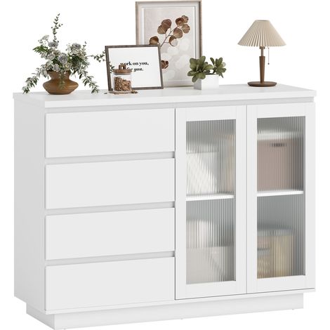 Mobile buffet, credenza con 4 cassetti, 2 ante in vetro, design moderno, MDF, bianco