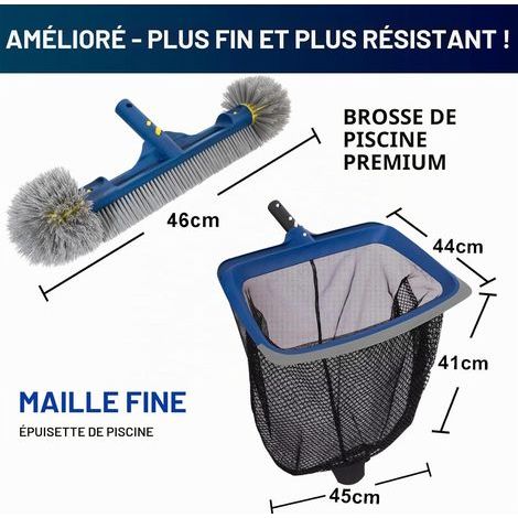 POOLAZA Kit de nettoyage de piscine - Filet de skimmer à mailles fines et brosse de piscine avec extrémités rondes pour le nettoyage - Filet de piscine avec cadre solide et brosse de 45 cm avec (1/4)