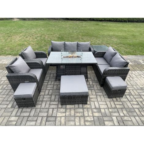 Fimous 10-Sitzer Polyrattan Gartenmöbelset Gasfeuerstelle Esstisch und Sofa Sessel set mit 3 Hockern Beistelltisch (1/5)