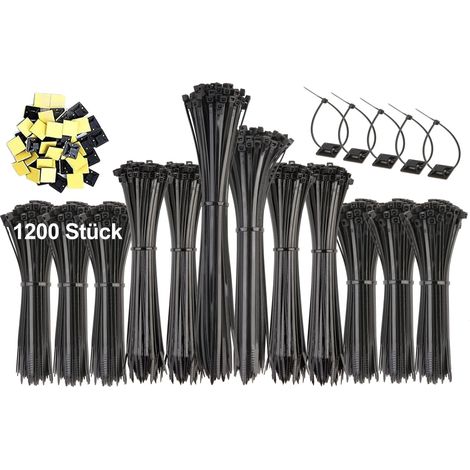 Lot de 1200 serre-câbles noirs - 100/150/200/250 mm et 50 supports de base auto-bloquants - Pour la gestion des câbles, le jardinage, la maison, les ateliers (1/5)