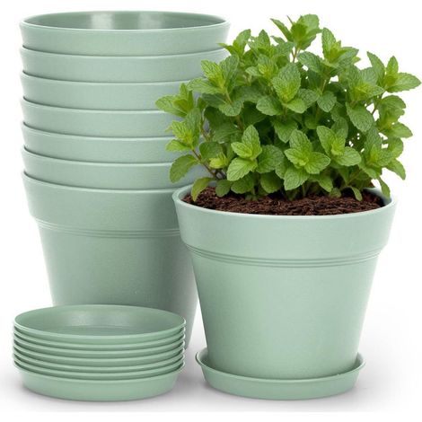 8er Set Blumentöpfe 10cm mit Untersetzer, Kunststoff Pflanztöpfe klein für Kräuter & Kakteen (1/5)