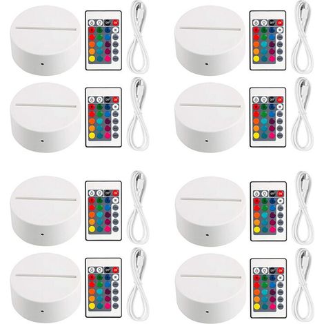 Juego de 8 bases de luz nocturna LED 3D + control remoto + cable USB, soporte de exhibición de espectáculo de luces de 16 colores para acrílico blanco