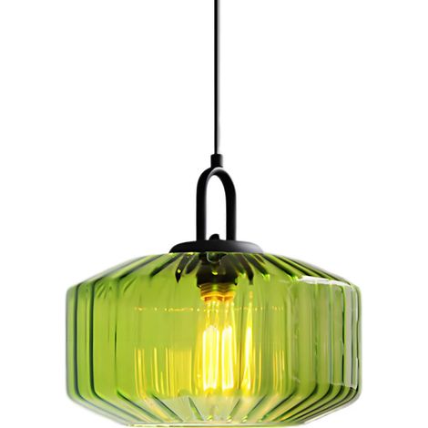 Suspension Verre Strié Dôme Ø28CM Style Industriel Vintage Hauteur E27 Luminaire Suspendu Pour Salle À Manger Chambre Salon Bar (Vert) (1/5)