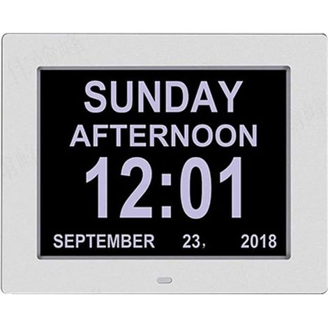 Réveil électronique intelligent blanc de 8 pouces avec calendrier et alarme pour les seniors, doté d'un grand écran numérique.